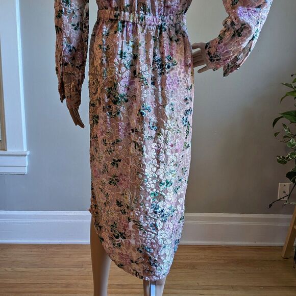 Hemant & Nandita Floral Velvet Midi Dress Triana Button Front Semi Sheer Small - Picture 9 of 10